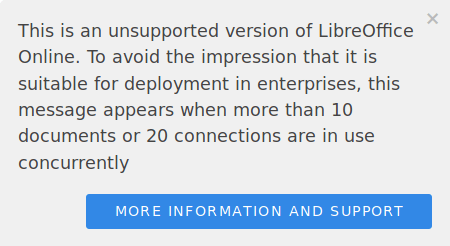 Skærmkopi med en advarsel om en ikke-understøttet version af LibreOffice Online